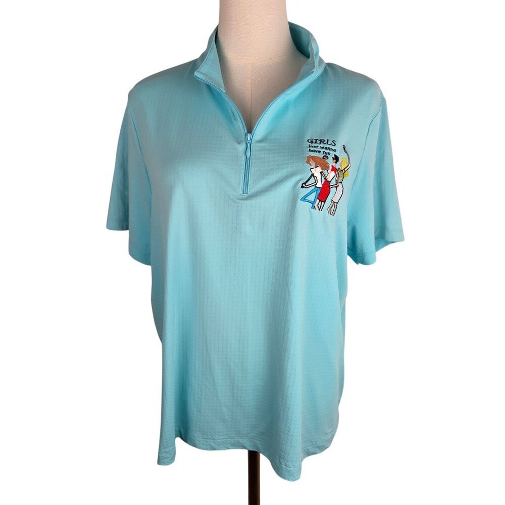 IBKUL‎ Light Blue 1/4 Zip Polo Shirt XXL Embroidered "Girls Just Wanna Have Fun"